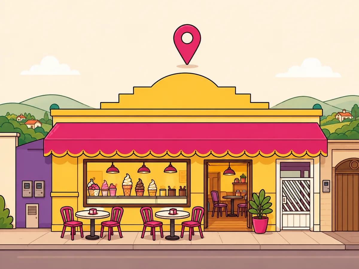 Fachada da sorveteria UP, com toldo magenta e mesinhas na calçada
